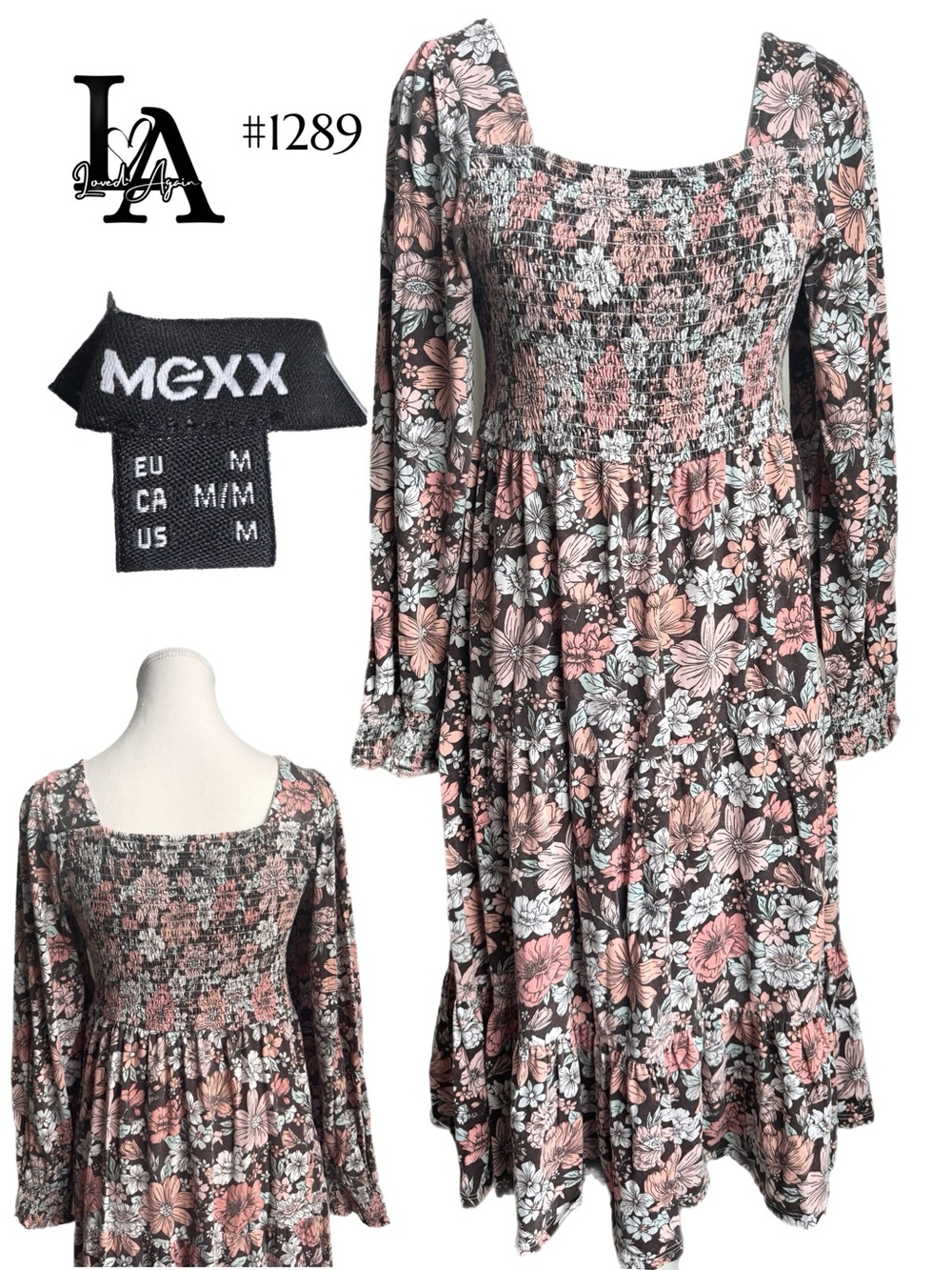 Mexx Floral Smocked Long-Sleeve Dress in Pink and Black